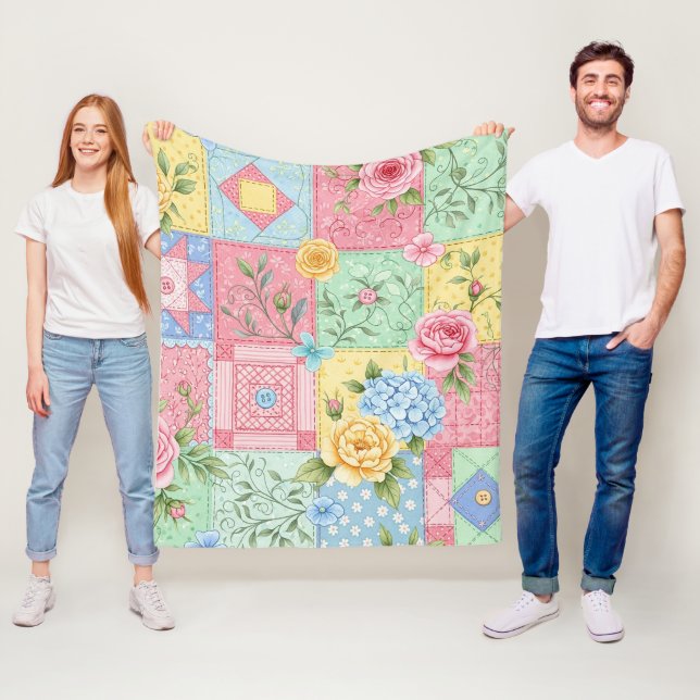 Romantic Rose Patchwork Pattern Fleece Blanket (In Situ)