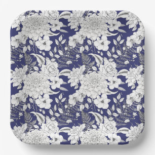 Romantic rose peony eucalyptus line drawing purple paper plate