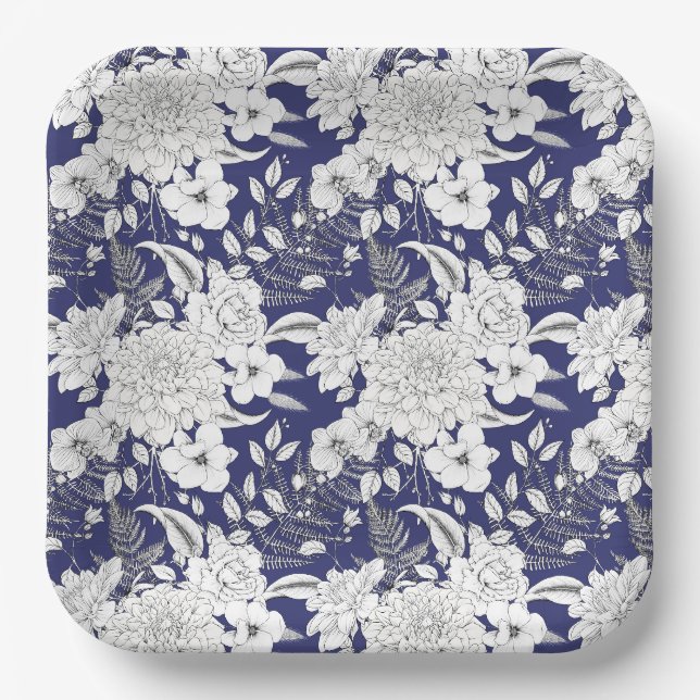 Romantic rose peony eucalyptus line drawing purple paper plate (Front)