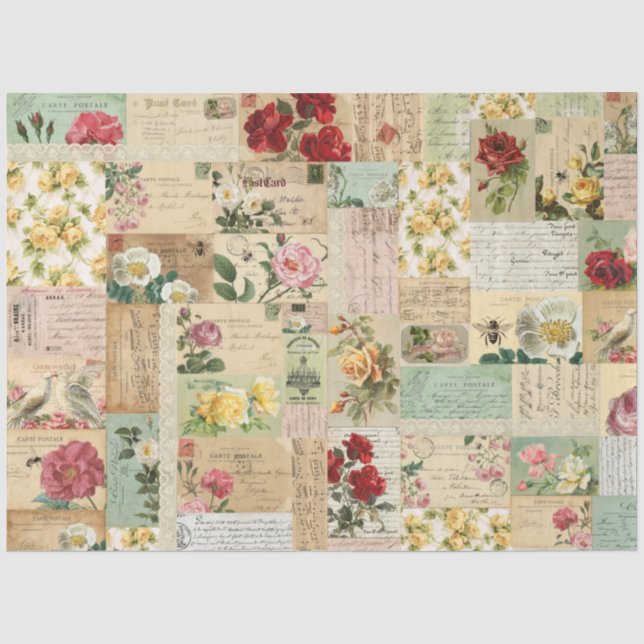 Romantic Rose Pink & Aqua Ephemera Tissue Paper (Front)