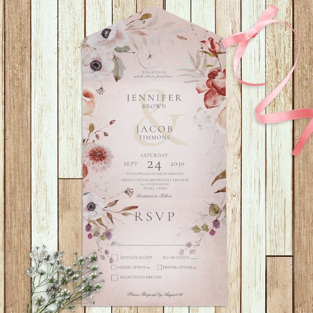 Romantic Rose Pink Floral Dinner All In One Invitation (Creator Uploaded)