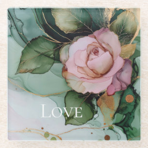 Romantic Rose Pink Gold Floral Love  Glass Coaster