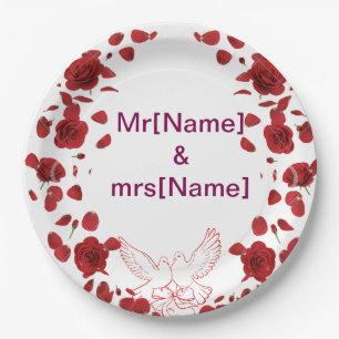 Romantic Rose Wedding Paper Plate with Custom Name
