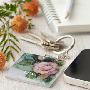 Romantic Rose White Pink Gold Floral Love Keychain