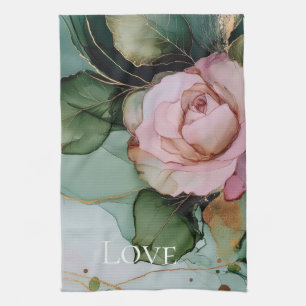 Romantic Rose White Pink Gold Floral Love  Kitchen Towel