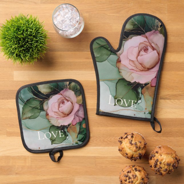 Romantic Rose White Pink Gold Floral Love  Oven Mitt & Pot Holder Set (Top Down)