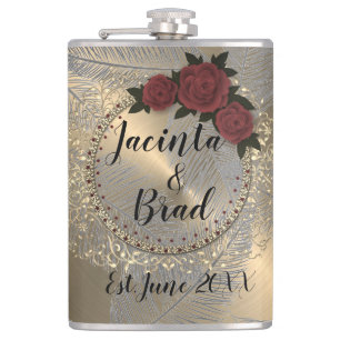 Romantic Rose Wreath Feather Wedding    Hip Flask