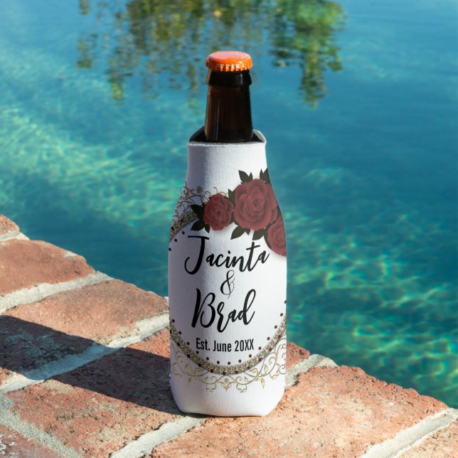 Romantic Rose Wreath Wedding Personalized Bottle Cooler (In Situ Pool)