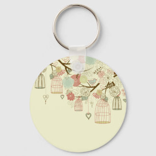 Romantic Roses, birds, birdcages, Floral Vintage Keychain