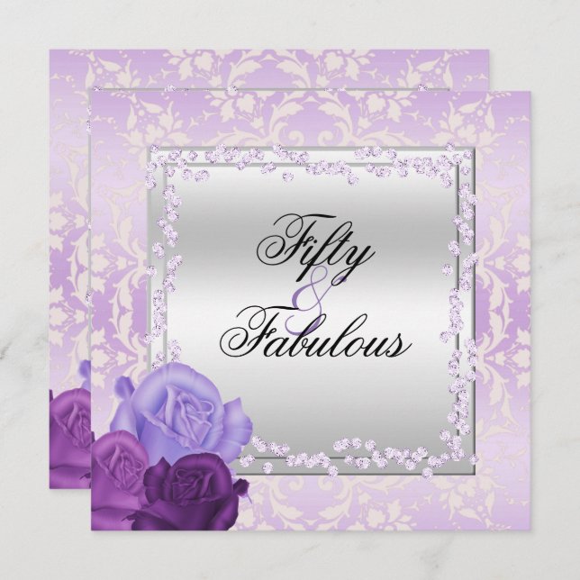 Romantic Roses, Diamonds & Damask Fabulous 50 Invitation (Front/Back)