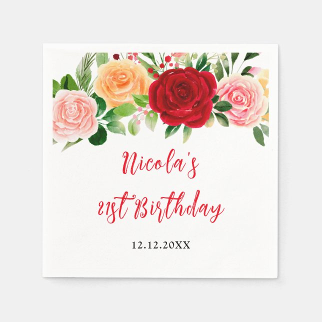Romantic Roses Floral Birthday Napkin (Front)