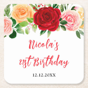 Romantic Roses Floral Birthday Square Paper Coaster