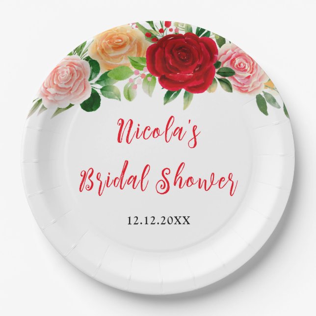 Romantic Roses Floral Bridal Shower Paper Plate (Front)