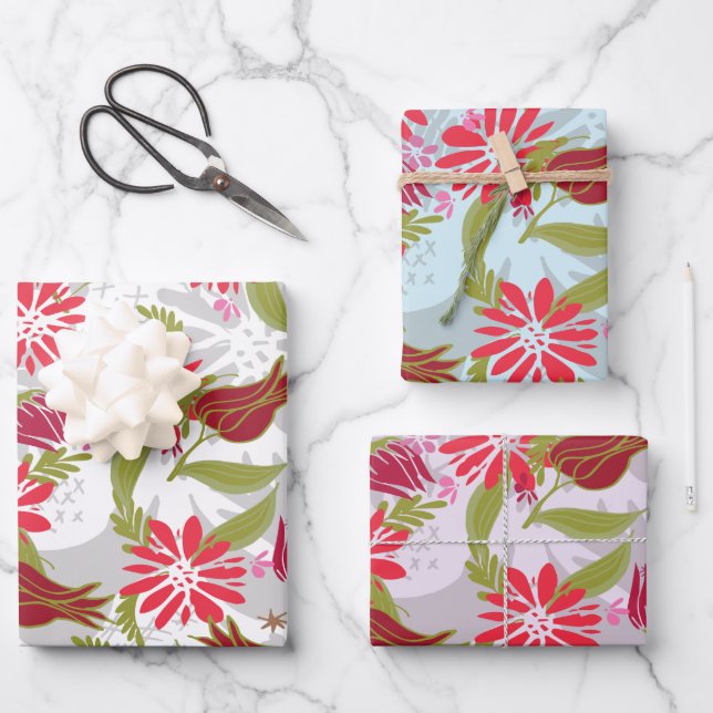 Romantic Roses Floral Mix Valentines Pattern Wrapping Paper Sheet (Front)