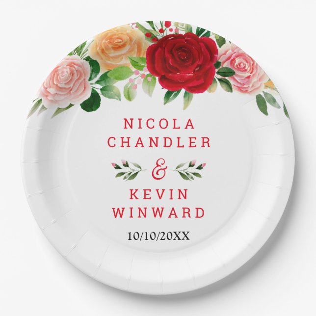 Romantic Roses Floral Wedding Paper Plate (Front)