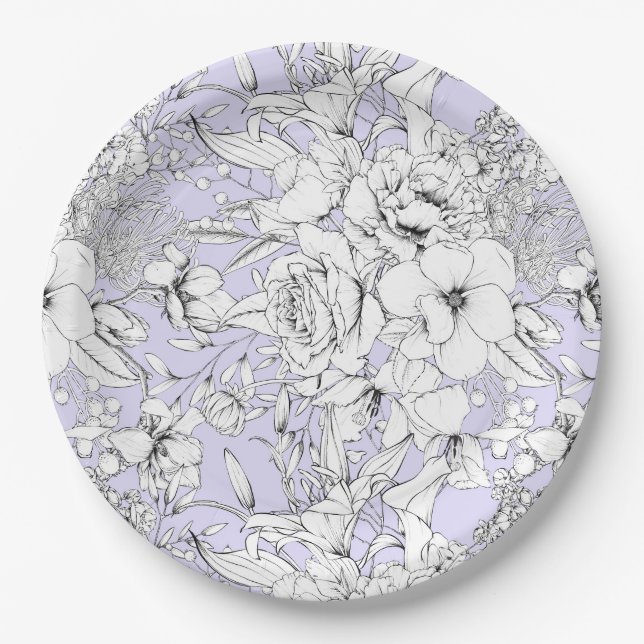 Romantic roses peony eucalyptus line drawing lilac paper plate (Front)