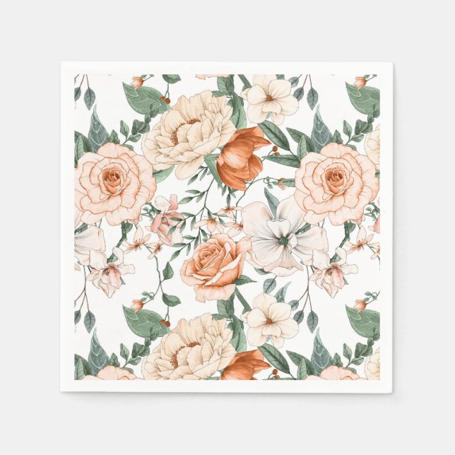 Romantic roses peony eucalyptus peach cream orange napkin (Front)