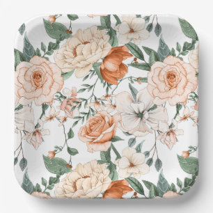 Romantic roses peony eucalyptus peach cream orange paper plate