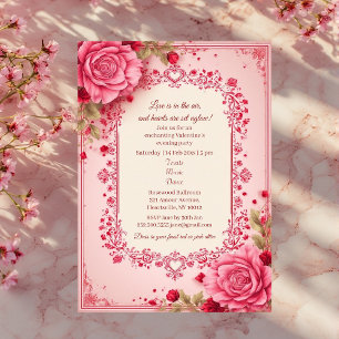 Romantic Roses Pink Heart Motifs Valentine Party  Invitation