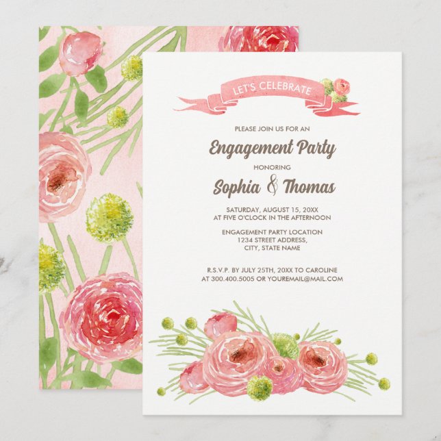 Romantic Roses Watercolor Engagement Party  Invitation (Front/Back)