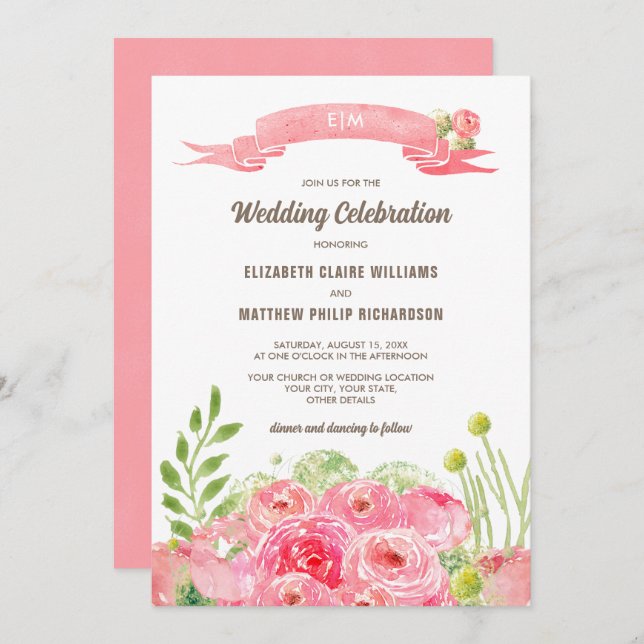 Romantic Roses Watercolor Wedding  Invitation (Front/Back)