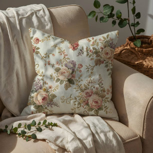 Romantic Roses & Wildflowers Vintage Garland Throw Pillow