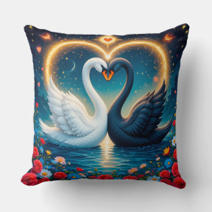 Romantic Royal Swan Fantasy Night Botanical Art Throw Pillow