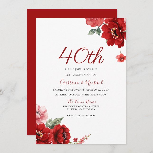 Romantic Ruby Red Floral 40th Anniversary Invitation (Front/Back)