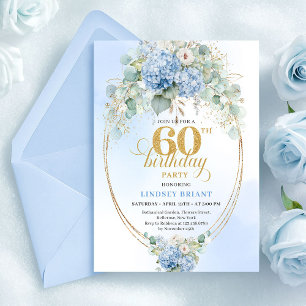Romantic Rustic Dusty Blue Hydrangea 60th Birthday Invitation