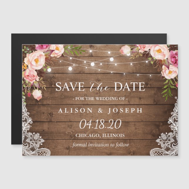 Romantic Rustic Floral String Light Save the Date Magnetic Invitation (Front/Back)