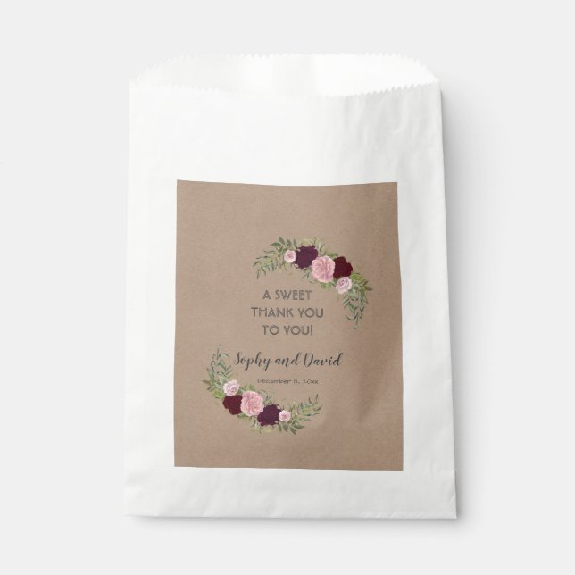 Romantic, Rustic Marsala Floral Wedding THANK YOU Favour Bag (Front)