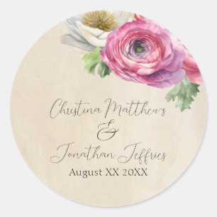 Romantic Rustic Pink & White Ranunculus Classic Round Sticker