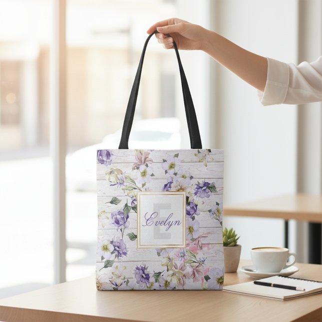 Romantic Rustic Purple Floral Barn Wood Monogram Tote Bag (Creator Uploaded)