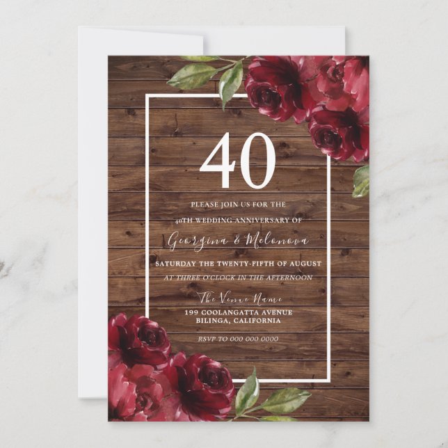 Romantic Rustic Red Roses 40th Wedding Anniversary Invitation (Front)