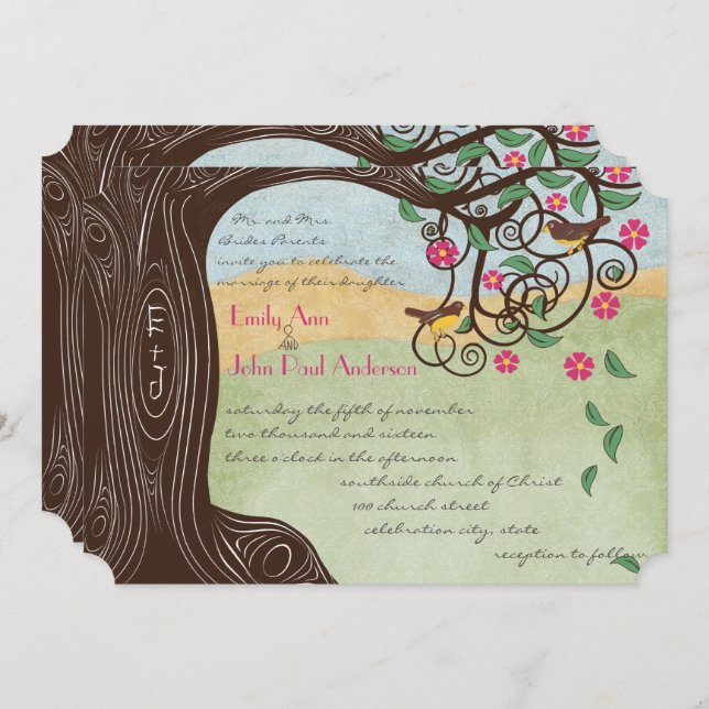 Romantic Rustic Tree Cherry Blossom Cute Lovebirds Invitation (Front/Back)