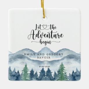 Romantic Rustic Watercolor Mountains Trees Wedding Ceramic Ornament