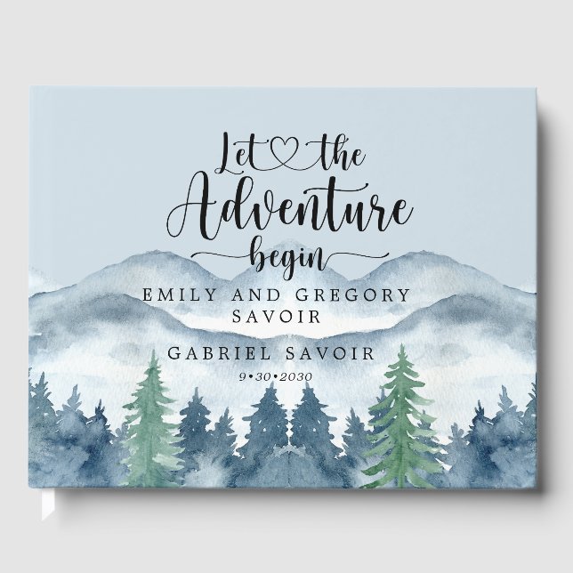 Romantic Rustic Watercolor Mountains Trees Wedding Guest Book (Front)