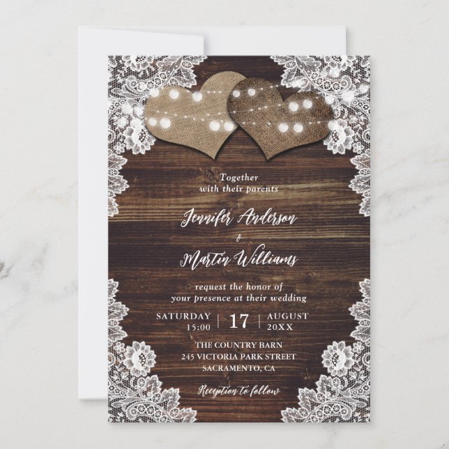 Romantic Rustic Wood Burlap and Lace Wedding Invitation (Front)