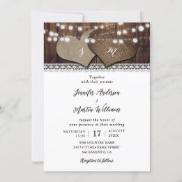 Romantic Rustic Wood Burlap and Lace Wedding Invitation