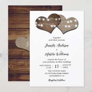 Romantic Rustic Wood Burlap String Lights Wedding Invitation