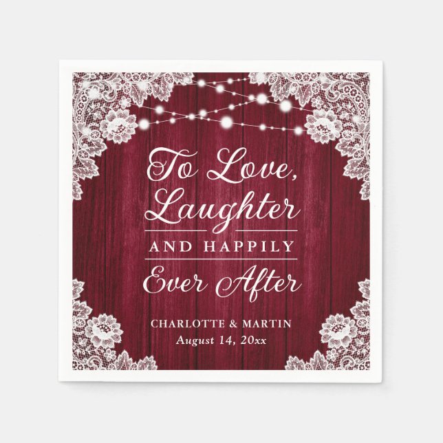 Romantic Rustic Wood Lace Burgundy Wedding Napkins (Front)