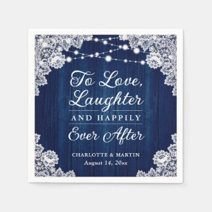 Romantic Rustic Wood Lace Navy Blue Wedding Napkin