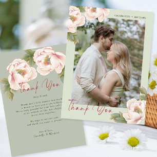Romantic Sage & Blush Peony Floral Photo Wedding  Thank You Card