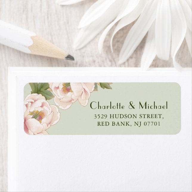 Romantic Sage & Blush Peony Wedding Return Address (Insitu)