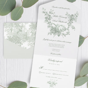 Romantic Sage Floral Wreath w/Lovebirds Wedding All In One Invitation