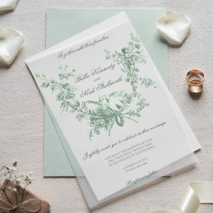 Romantic Sage Floral Wreath w/Lovebirds Wedding Vellum Invitations
