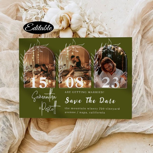 Romantic Sage Green Arch Save The Date Collage Invitation (Creator Uploaded)
