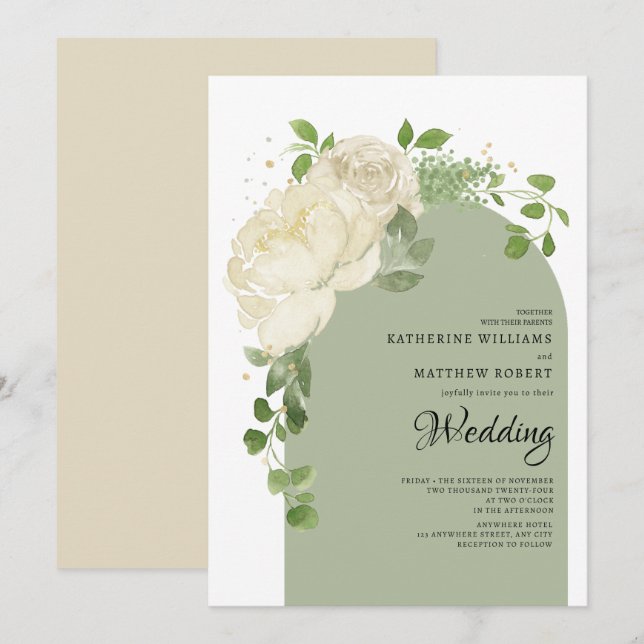 Romantic Sage Green Cream Roses Boho Floral Arch Invitation (Front/Back)