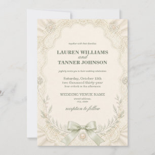 Romantic Sage Green Ornate Lace & Pearl Invitation