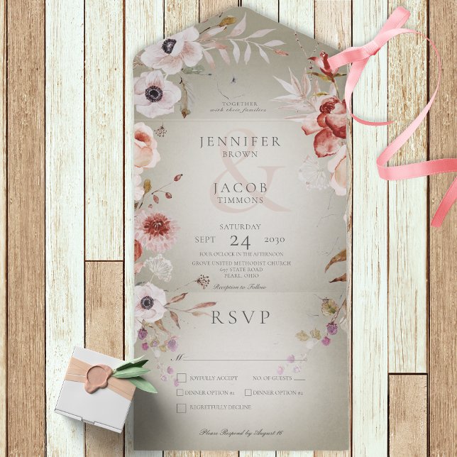 Romantic Sage Green & Pink Floral Dinner All In One Invitation (Creator Uploaded)